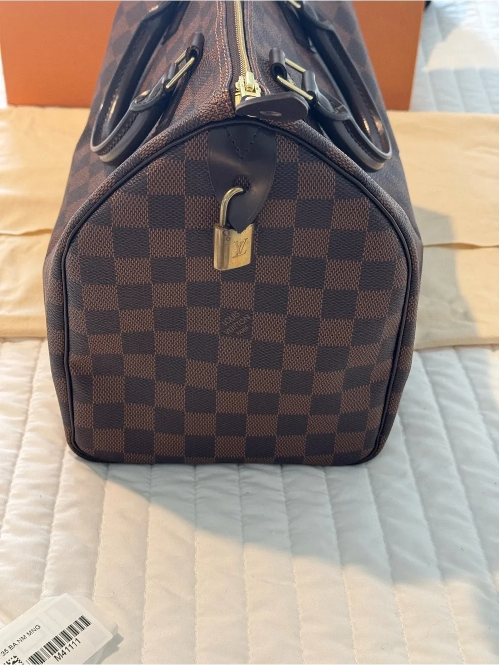 Louis Vuitton Brown Damier Ebene Satchel with Gold-Tone Hardware